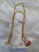 Altın Kaplama Çelik Pembe Kalpli Kolye - 2