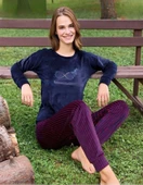 Pijamoni Kadın Kışlık Bisiklet Yaka Likralı Kadife Pijama Takımı 4210/3- 1 Adet  L Lacivert - 1