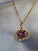 Çelik pembe taşlı kalpli kolye - 1