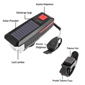 Solar Enerjili Usb İle Şarj Edilebilir Ledli Bisiklet Feneri Kornalı Ve Su Geçirmez Far thumbnail 4