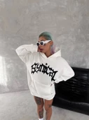 Unisex Üç İplik Kapşonlu Baskılı SweatShirt - Beyaz - 1