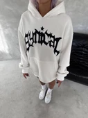Unisex Üç İplik Kapşonlu Baskılı SweatShirt - Beyaz - 3