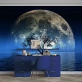 Ağaç Süliyeti ve Ay Manzaralı Duvar Kağıdı Baskı thumbnail 4