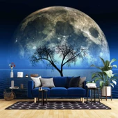 Ağaç Süliyeti ve Ay Manzaralı Duvar Kağıdı Baskı thumbnail 1