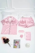 5'li Pembe Beyaz Çizgili Saten Pijama Takımı - 1