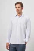 Beyaz Uzun Kol Kareli Desen Bez Ayağı Sert Yaka Cepli Pamuklu Classic Comfort Fit Gömlek 1004245159 thumbnail 4