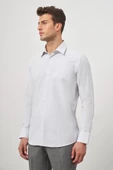 Beyaz Uzun Kol Kareli Desen Bez Ayağı Sert Yaka Cepli Pamuklu Classic Comfort Fit Gömlek 1004245159 - 3