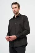 Siyah Uzun Kollu Sert Yaka Cepsiz %100 Pamuk Klasik Slim Fit Dar Kesim Gömlek 1004240324 - 1