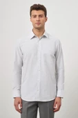 Beyaz Uzun Kol Kareli Desen Bez Ayağı Sert Yaka Cepli Pamuklu Classic Comfort Fit Gömlek 1004245159 - 5