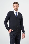 Koyu Lacivert Uzun Kol Düz Örme V Yaka Classic Comfort Fit Triko 1012245016 - 1