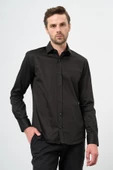 Siyah Uzun Kollu Sert Yaka Cepsiz %100 Pamuk Klasik Slim Fit Dar Kesim Gömlek 1004240324 - 5