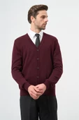 Bordo Uzun Kol Düz Örme V Yaka Classic Comfort Fit Triko 1012245016 - 3