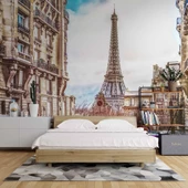 Paris Sokak ve Eyfel Kulesi Manzaralı Duvar Kağıdı Baskı thumbnail 2
