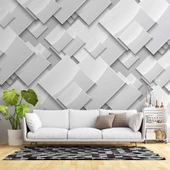 3 Boyutlu Beyaz Geometrik Kabartma Görünümlü Desenli Duvar Kağıdı - 1