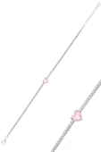 Gümüş beyaz altın rodyumlu pembe zirkon taşlı pırlanta montürlü kalpli su yolu bileklik SGTL12614PEMBE thumbnail 1