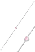 Gümüş beyaz altın rodyumlu pembe zirkon taşlı pırlanta montürlü love kalp su yolu bileklik SGTL12615PEMBE - 1