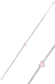 Gümüş beyaz altın rodyumlu pembe zirkon taşlı pırlanta montürlü kalpli su yolu bileklik SGTL12614PEMBE thumbnail 2
