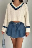 Kadın 2 li V Yaka Çizgili Triko Crop Bluz - 2