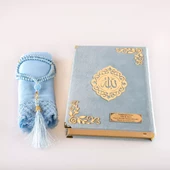 Şal + Tesbih + Kuran Hediye Seti (Hafız Boy, Kadife, Şems Lafzatullah, Açık Mavi) thumbnail 3