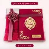 Şal + Tesbih + Kuran Hediye Seti (Çanta Boy, Kadife, Şems Lafzatullah, Fuşya Pembe) thumbnail 1