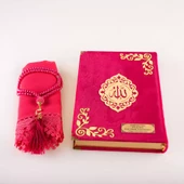 Şal + Tesbih + Kuran Hediye Seti (Çanta Boy, Kadife, Şems Lafzatullah, Fuşya Pembe) thumbnail 3