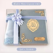 Şal + Tesbih + Kuran Hediye Seti (Hafız Boy, Kadife, Şems Lafzatullah, Açık Mavi) thumbnail 1