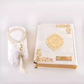 Şal + Tesbih + Kuran Hediye Seti (Hafız Boy, Kadife, Şems Lafzatullah, Beyaz) thumbnail 3