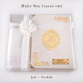 Şal + Tesbih + Kuran Hediye Seti (Hafız Boy, Kadife, Şems Lafzatullah, Beyaz) thumbnail 1