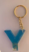 Deniz Mavisi Renk Gold Taşlı Gold Aksesuarlı Y Harfi Şekil Epoksi Anahtarlık El Yapımı Hediyelik thumbnail 1
