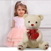 Sevgiliye Özel HEDİYE - 80 cm Kalp Tutan, Oturan Sevimli Peluş Ayı - 1