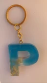 Deniz Mavisi Renk Gold Taşlı Gold Aksesuarlı P Harfi Şekil Epoksi Anahtarlık El Yapımı Hediyelik - 4