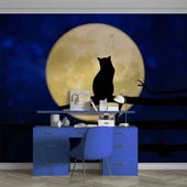 Kedi ve Ay Temalı Duvar Kağıdı Baskı thumbnail 4