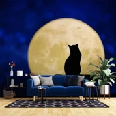Kedi ve Ay Temalı Duvar Kağıdı Baskı thumbnail 1