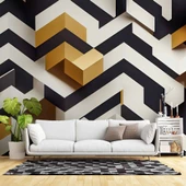 3 Boyutlu Siyah Beyaz Altın Temalı Duvar Kağıdı thumbnail 1