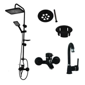 FKN Siyah Duş Takımı Banyo Bataryası Lavabo Bataryası Lavabo Yüzüğü ve Lavabo Süzgeci - 1