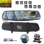 Ön ve Arka Kameralı Dikiz Aynası Geri Görüş Kameralı 4.3" 1080P Full HD Kayıt Çarpışma Algılayıcı Sensörlü Gece Görüşlü Park Sensörü Sesli Yol Kayıt - 1