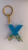 Deniz Mavisi Renk Gold Taşlı Gold Aksesuarlı X Harfi Şekil Epoksi Anahtarlık El Yapımı Hediyelik - 7
