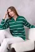 Kadın Polo Yaka Oversize Çizgili Fermuarlı Triko Kazak Yeşil thumbnail 7