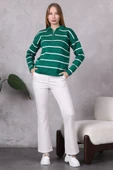 Kadın Polo Yaka Oversize Çizgili Fermuarlı Triko Kazak Yeşil thumbnail 9