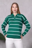 Kadın Polo Yaka Oversize Çizgili Fermuarlı Triko Kazak Yeşil thumbnail 2