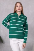 Kadın Polo Yaka Oversize Çizgili Fermuarlı Triko Kazak Yeşil thumbnail 4