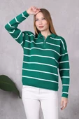 Kadın Polo Yaka Oversize Çizgili Fermuarlı Triko Kazak Yeşil thumbnail 8