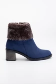 Kadın Topuklu Bot Lacivert Süet Kürklü Fermuarlı Oval Burun thumbnail 3