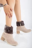 Kadın Topuklu Bot Bej Süet Kürklü Fermuarlı Oval Burun thumbnail 2