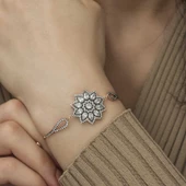 ​925 Ayar Gümüş Rose Çiçek Desenli Elmas Montür Bileklik - 4