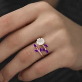 Gümüş Rose Mor Yapraklı Bahar Çiçeği Yüzük - 3