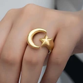 925 Ayar Gümüş Gold Ay Yıldız Kadın Yüzük - 3