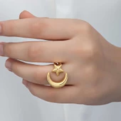 925 Ayar Gümüş Gold Ay Yıldız Kadın Yüzük - 4