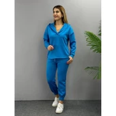 Lucky Life Kadın Uzun Kol V Yaka Kapüşon Detay Sweat Ve Yüksel Bel Eşofman Ikili Takım - 7