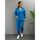 Lucky Life Kadın Uzun Kol V Yaka Kapüşon Detay Sweat Ve Yüksel Bel Eşofman Ikili Takım - 6